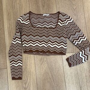Stradivarius Brown and Cream Chevron Crop Top